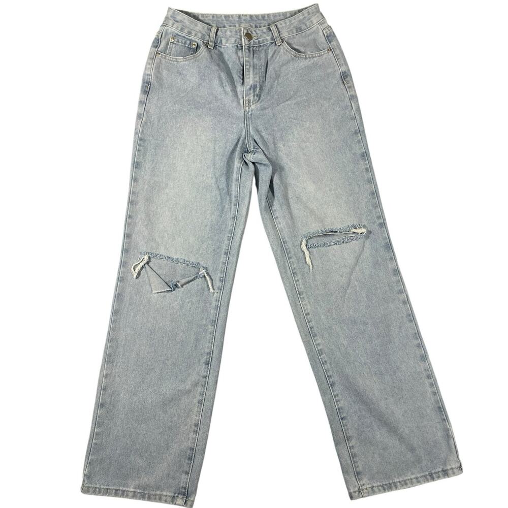 NVFelix Light Wash Wide Leg Distressed‎ Jeans Women's Blue High Rise Raw Hem
